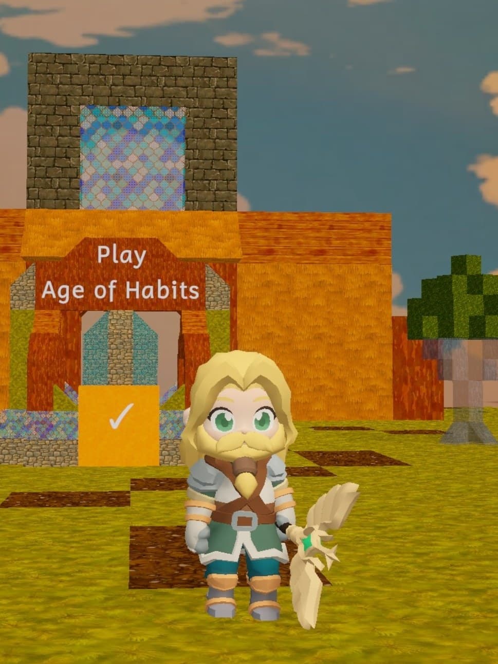 A character standing proudly in front of a gate that reads Play Age of Habits