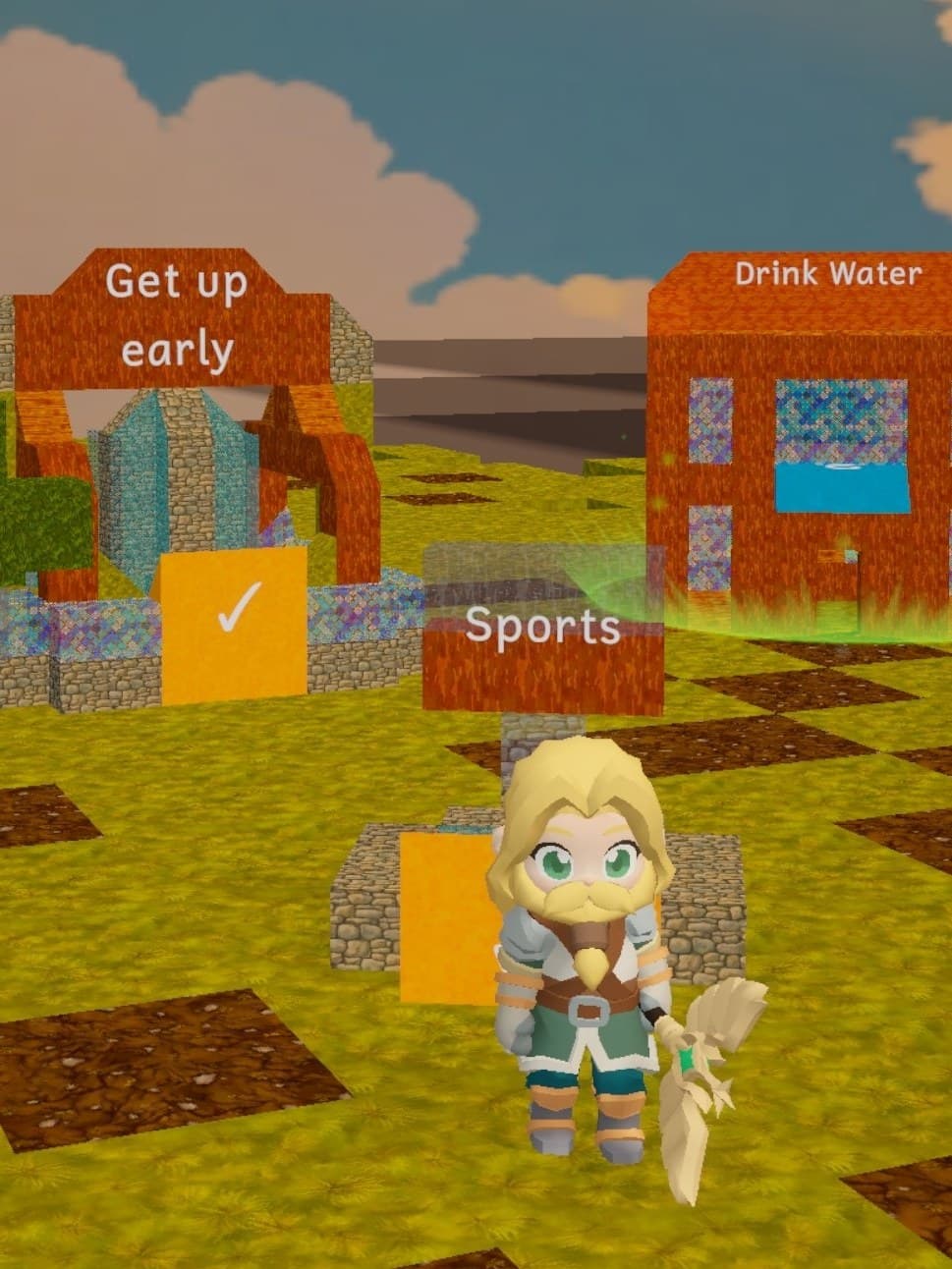 A village of habit buildings named Get up early, Drink Water, and Sports, with a checked-off habit in front