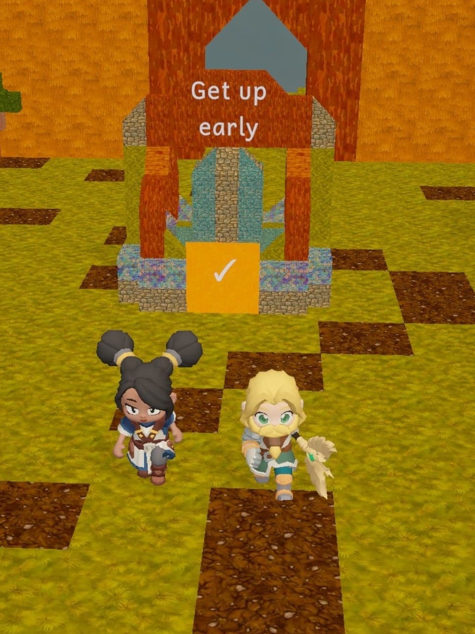 Two player characters standing together in front of a habit gate