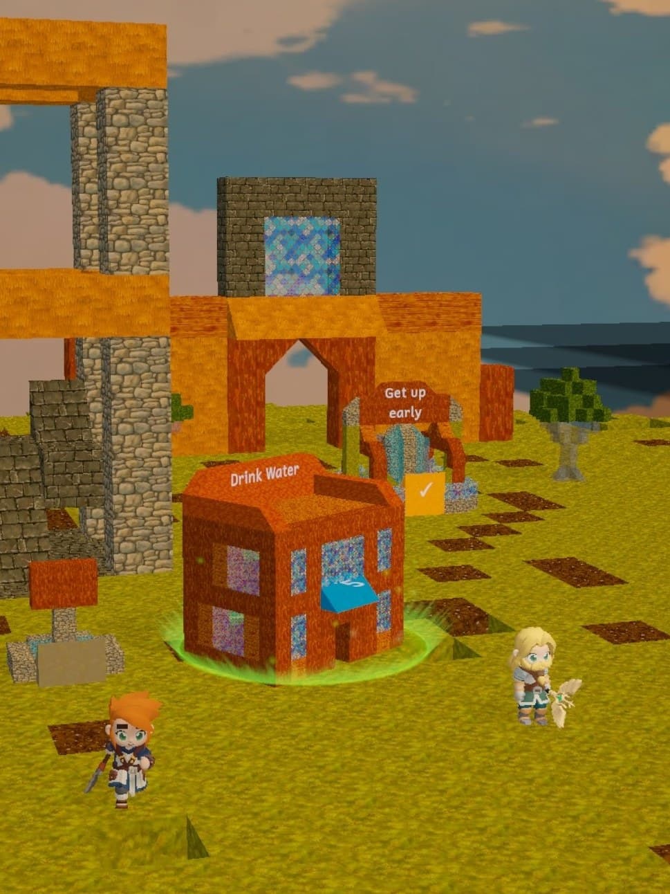 A flourishing block-built village with towers, archways, and two characters walking through it